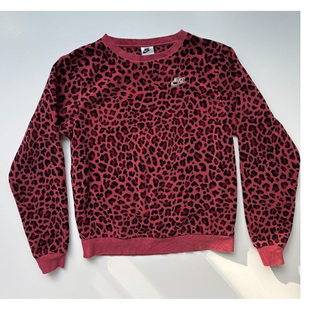 Nike Women Pink Leopard Print Fleece‎ Crewneck Sweatshirt XS Fall School